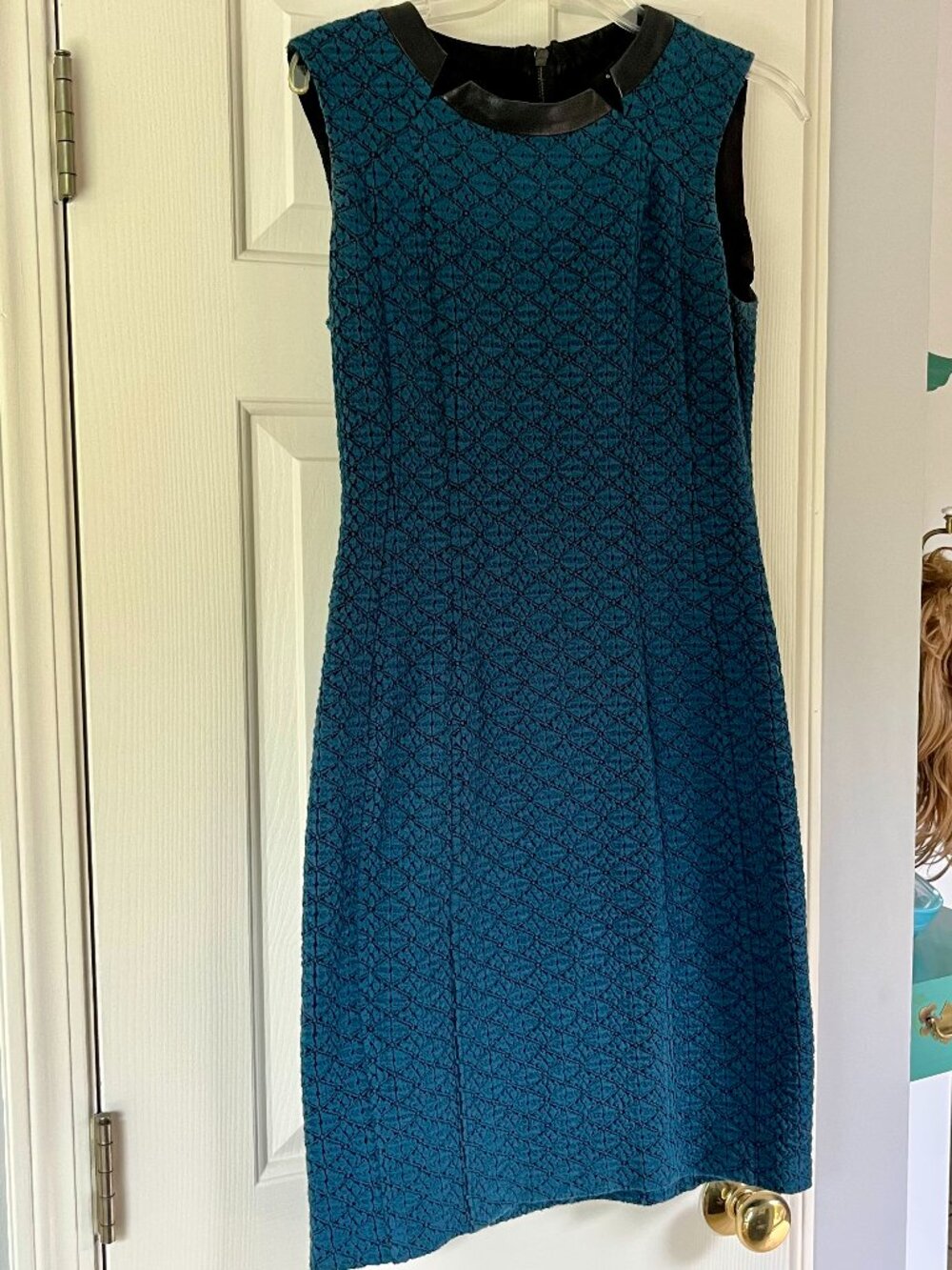 Nanette Lepore Teal & Black Jacquard Sheath Dress with Leather Collar (US 4)
